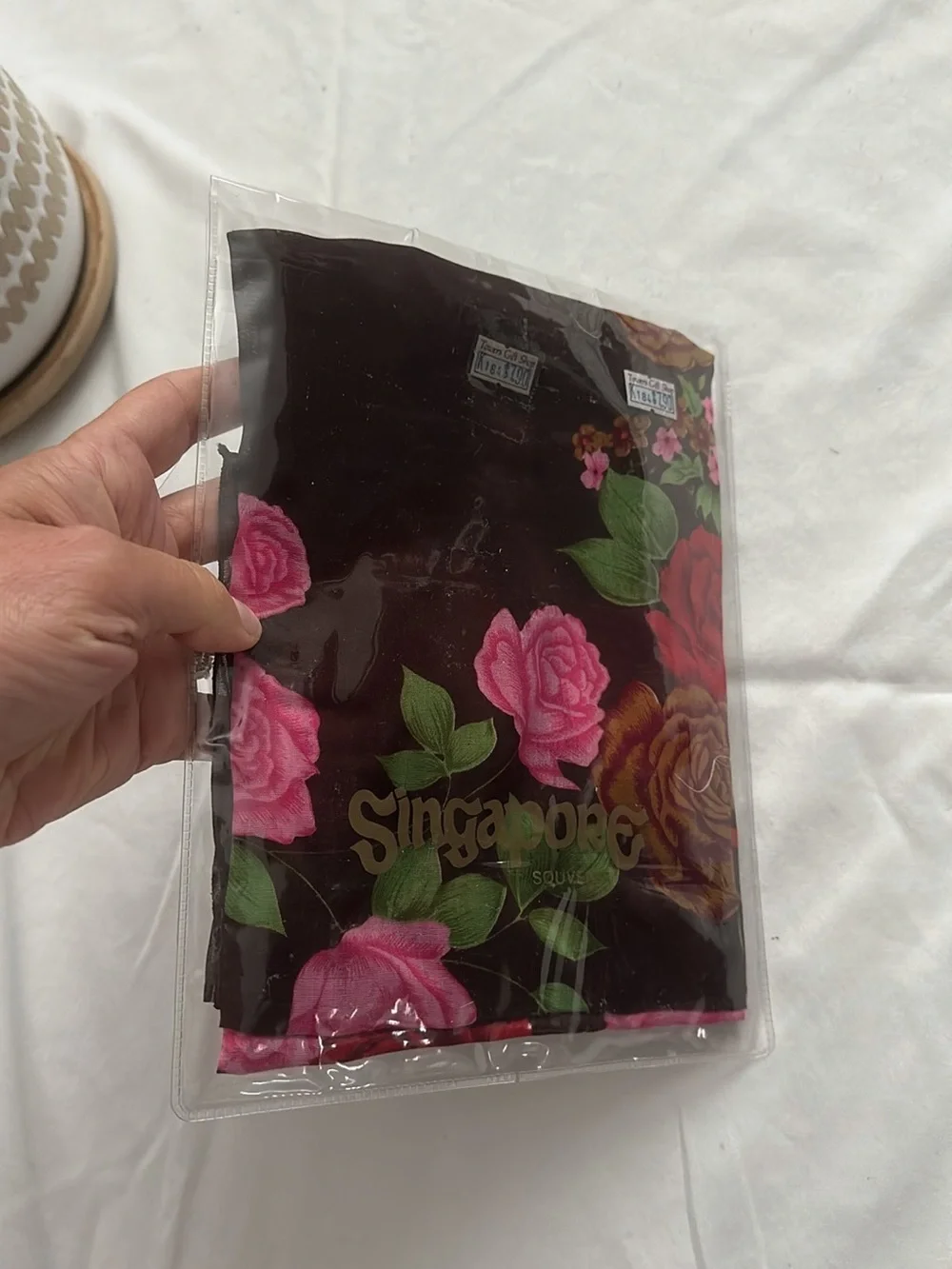 Vintage Floral Scarf Brown with Pink & Red Roses
